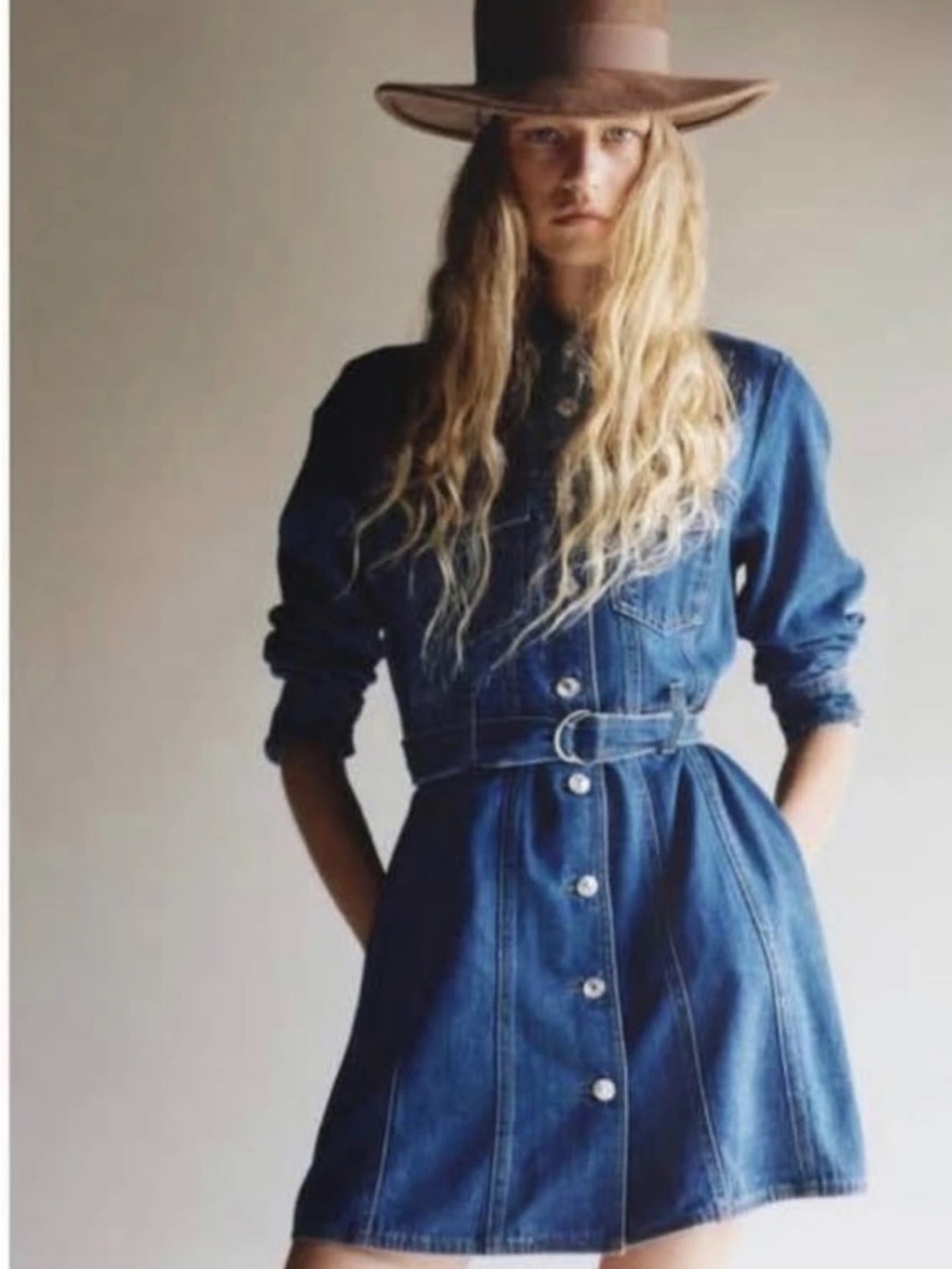 Zara Blue Denim Button-Front Belted Mini Dress
